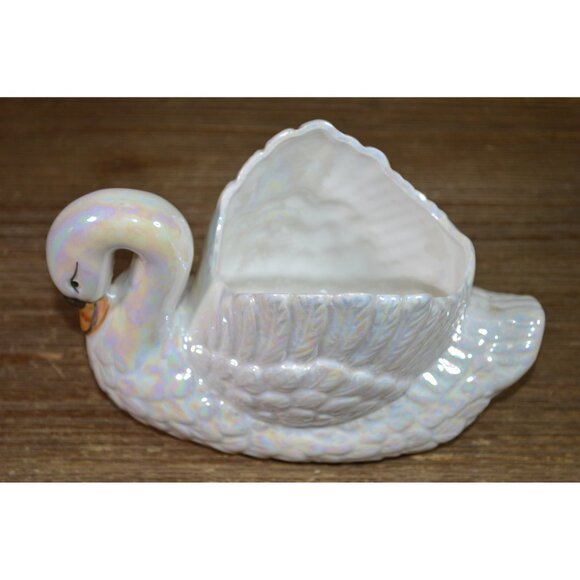 Vintage Lusterware Swan Planter Tawain Iridescent White Figure Ceramic Vase READ - Picture 1 of 10